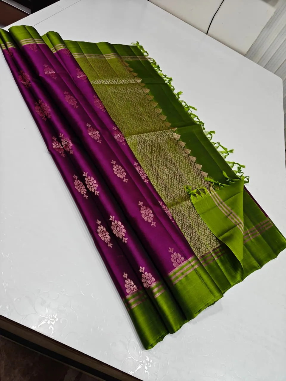Lime Green & Purple Contrast Saree